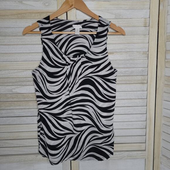 Chico's Women Sz 2 US L Black White Zebra Print Mesh Pleated Scoop Neck Tank Top - Picture 2 of 6